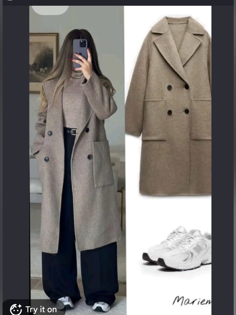 Zara Wool Blend Long Double-Breasted Coat in Taupe Beige , XS - Picture 2 of 9